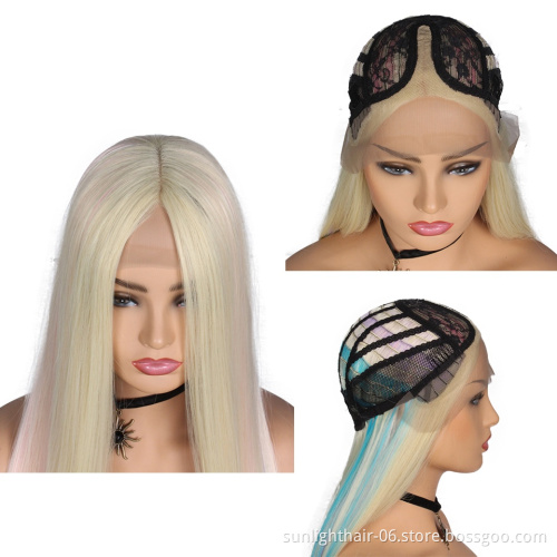 Cheap synthetic lace front Wigs Rainbow colored hair for party Heat Resistant Synthetic Fiber hair with lace front Wig cosplay